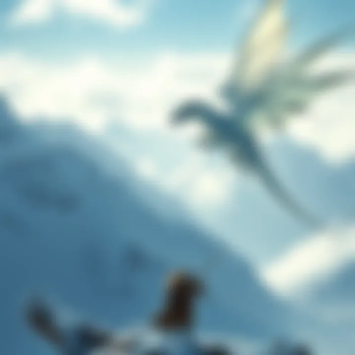 A fierce White Fatalis dragon soaring above a snowy mountain range, showcasing its powerful wings and icy scales, with a hunter standing below in awe.
