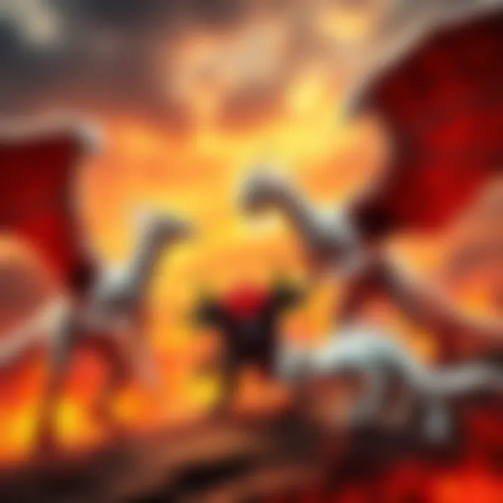 A dramatic battle scene of White Fatalis confronting multiple Rathalos variants in a fiery landscape.