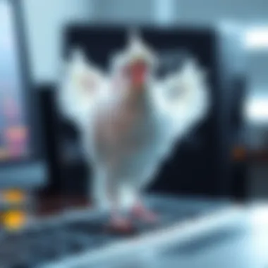 A white love bird with two legs and wings sitting on a computer keyboard, adding liveliness to the workspace.