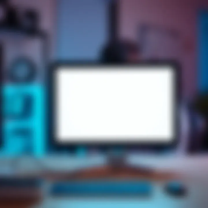 A computer screen showing a blank white screen error, indicating a glitch, with a frustrated person in the background trying to fix it.