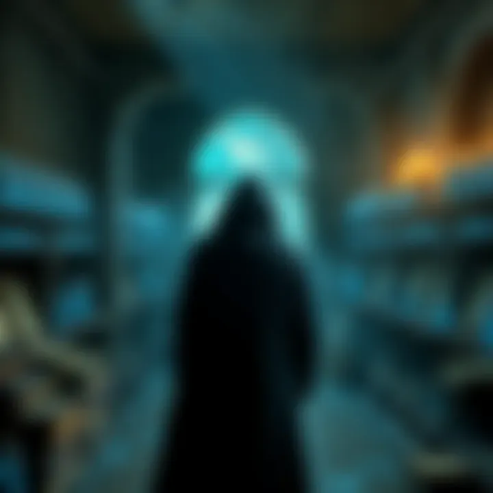 Character P stands in a dimly lit room filled with blue medicine and ancient texts, symbolizing the Lies of Paracelsus.