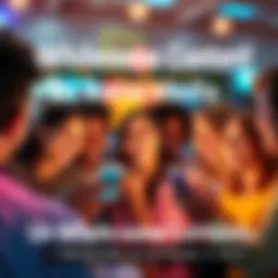 A bright and cheerful scene showing people sharing uplifting content on their devices, with smiles and positive expressions