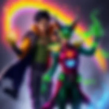 Wiccan and Hulkling in colorful costumes showcasing their powers while rainbow elements surround them