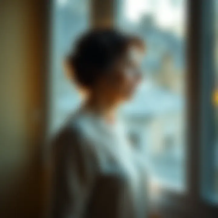 A widow looks out a window, reflecting on her journey after loss, with soft light illuminating her face