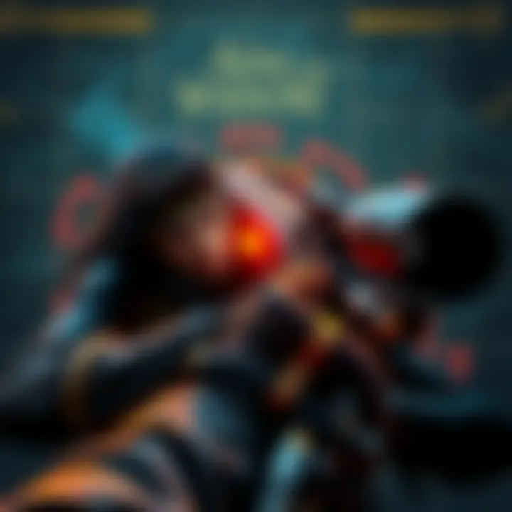 Widow aiming at a target A character named Widow, holding a sniper rifle, focuses on a distant target in a gaming environment. The background features a detailed map layout, highlighting strategic points for sniping.