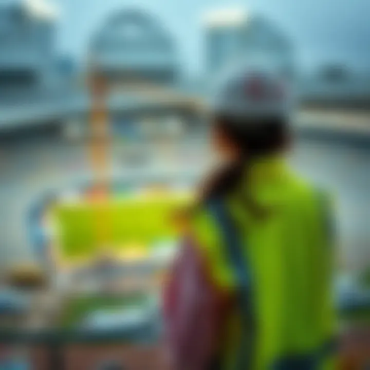 A woman stands on a construction site, observing the stadium being built, symbolizing the role of widows in stadium building.