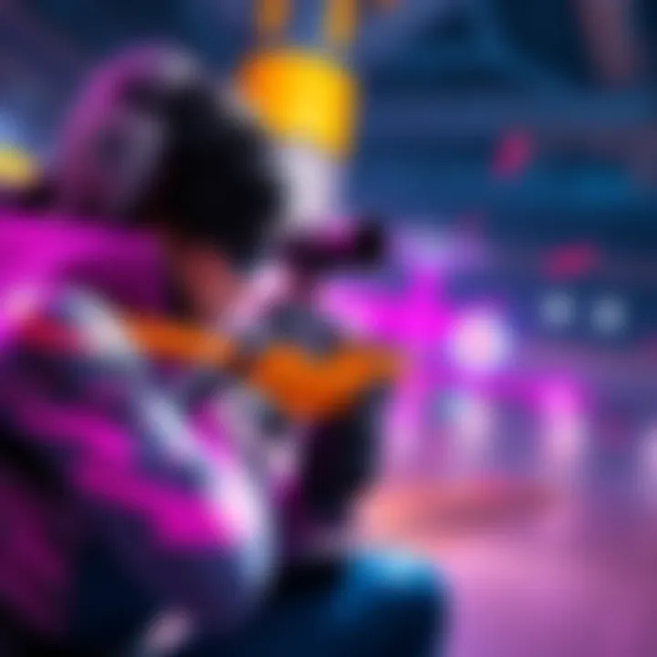 A Widowmaker character in gaming aiming with her sniper rifle, focused on a quick-moving target representing Tracer, set in a colorful digital environment.