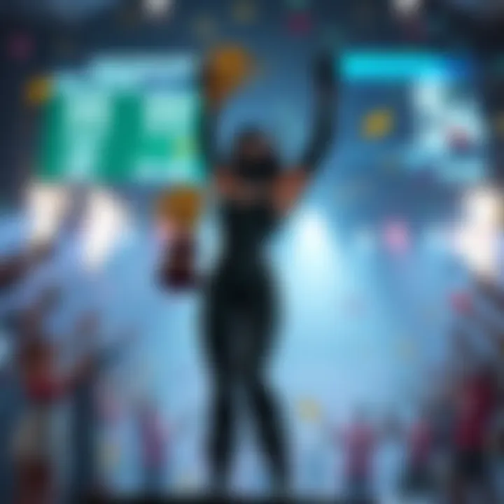 A character resembling Widowmaker from a competitive game stands proudly with a trophy, while a scoreboard shows 11 votes for a 5v5 match. The background features cheering fans and colorful confetti.