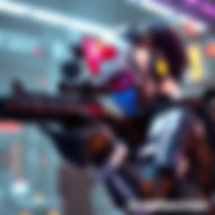 A female character with blue skin and red visor, wielding a sniper rifle, looking through the scope, set in a futuristic environment.