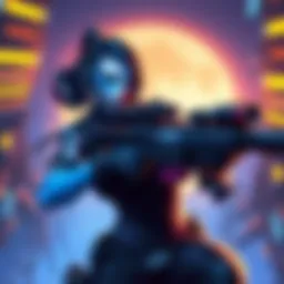 Widowmaker in Overwatch A digital illustration of the character Widowmaker from Overwatch, focused on her sniper pose with a futuristic background, showcasing her iconic blue skin and mechanical arachnid design.