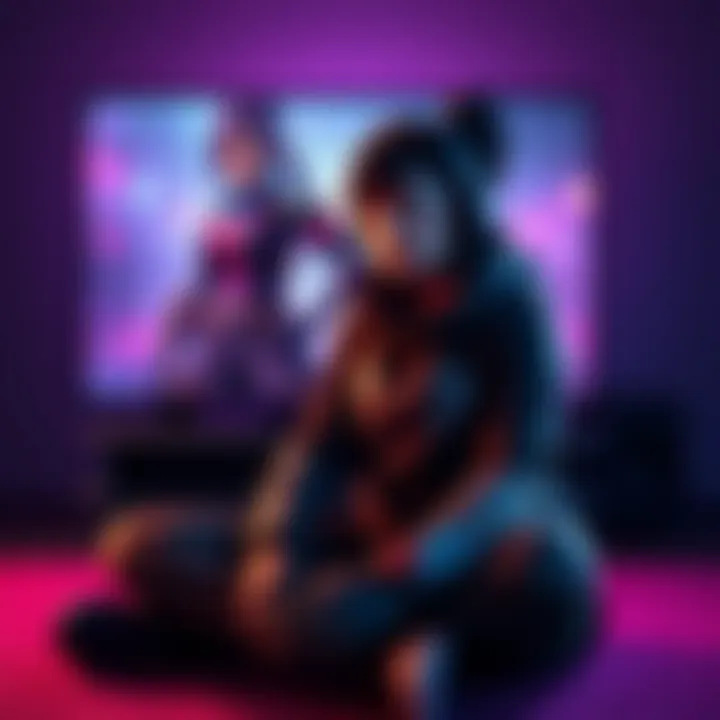 A gamer sitting in front of a screen showing Widowmaker from the game, looking sad about missing a battlepass skin, with gaming gear around.