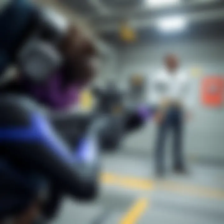 A character from Overwatch, Widowmaker, focusing on her sniper rifle while aiming at a target in a training area. She has purple skin and wears a black and blue suit.