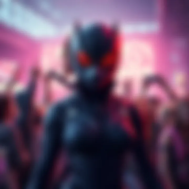 Widow showcasing her unchanged design, highlighting her character's unique look and style, with fans celebrating around her.