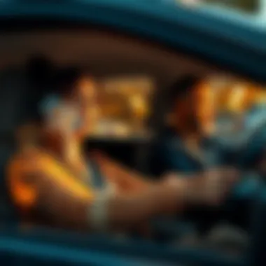 A woman driving a car while talking on the phone, looking surprised as she receives a call from Panam, with her husband in the passenger seat