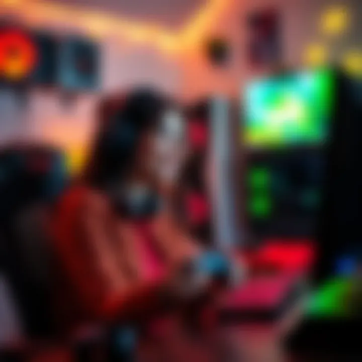 A woman smiling while playing video games on a Linux-based gaming PC, with a game controller in hand and a cozy gaming setup in the background.