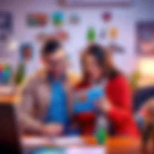 A woman shares her creative Sims mod with her partner, surrounded by colorful game graphics and design notes.