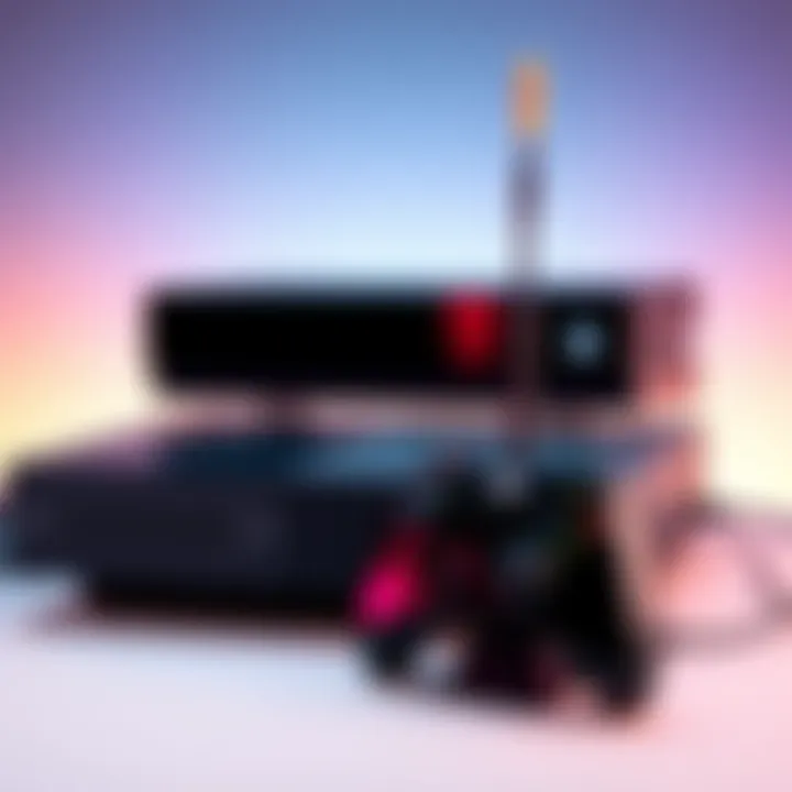 A wifi antenna placed beside an Xbox console, showing the setup for gaming enhancement.