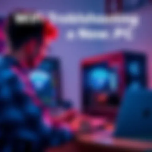 A person checking their newly built PC for WiFi issues with a laptop nearby and WiFi signal icons on screen