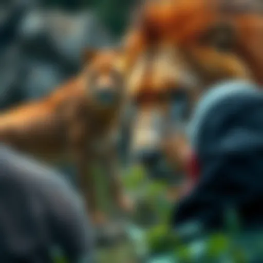 A close-up view of a person observing a majestic wild animal in its natural habitat, showcasing a moment of connection with nature.