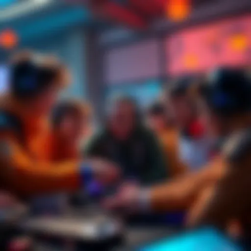 A group of gamers discussing strategies for Wild Hearts on Switch 2, smiling and engaged in conversation with gaming equipment around them.