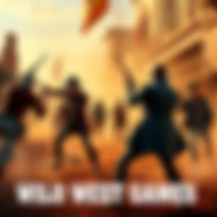 A tense shootout scene in a dusty Wild West town with cowboys ready to duel.