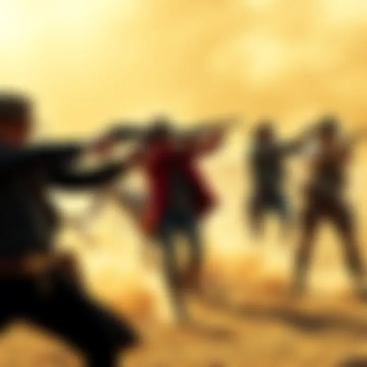 A dramatic gunfight scene in the Wild West with cowboys drawing their guns in a showdown, set against a dusty desert background.