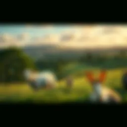 A scenic view of Tretower's fields with sheep and rabbits in the foreground, surrounded by lush greenery.