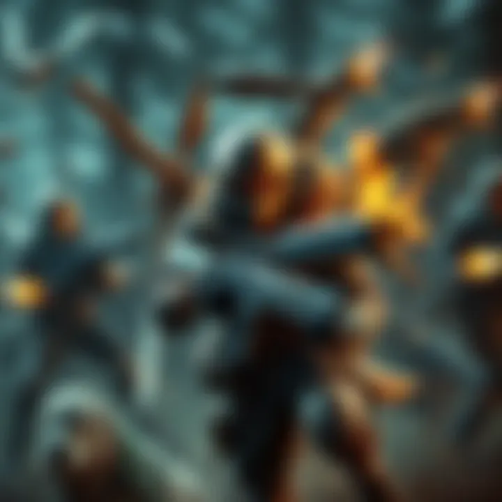 Gameplay in Wilds A player engaged in intense combat in the game Wilds, showcasing different weapons and strategies.