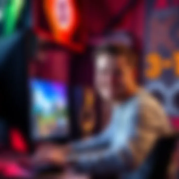 Will Judd smiling and working at a computer, surrounded by gaming equipment and graphics, representing his return to Digital Foundry.