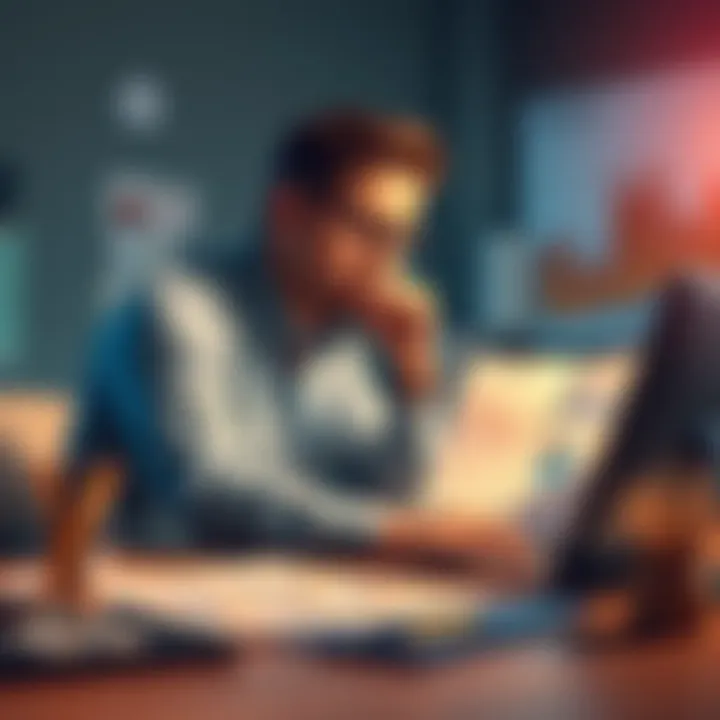 A visual representation of a bold business strategy, showcasing a man contemplating at a desk with charts and graphs around him, reflecting on risks and outcomes.