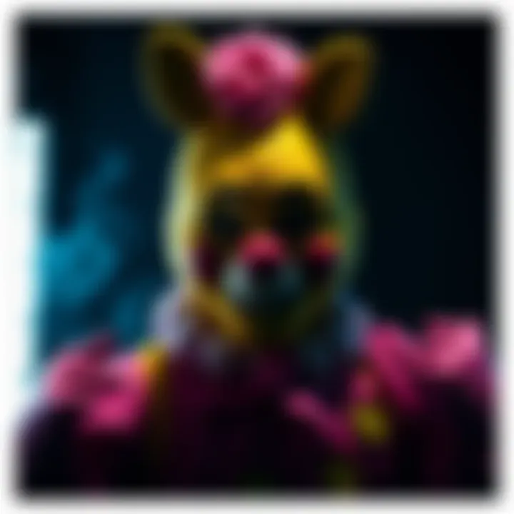 A person in a colorful animatronic suit with a distressed expression, surrounded by shadows, conveying a sense of tragedy and mystery.
