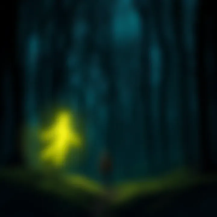 A glowing will-o'-wisp hovering near a character in a dark forest, representing a spooky campaign theme