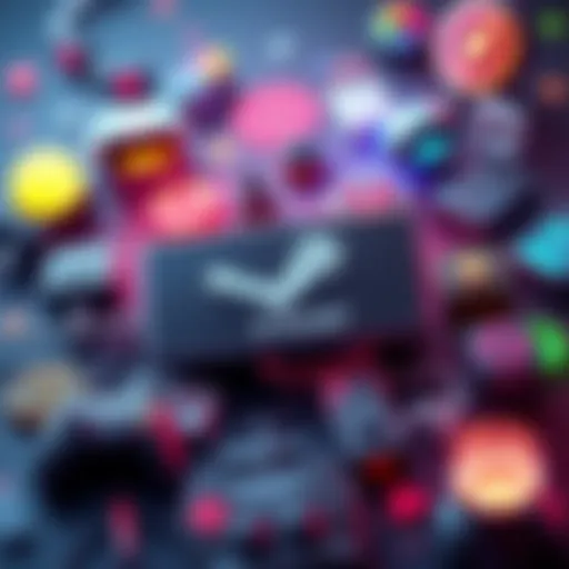 A digital representation of a Steam key surrounded by gaming icons and graphics