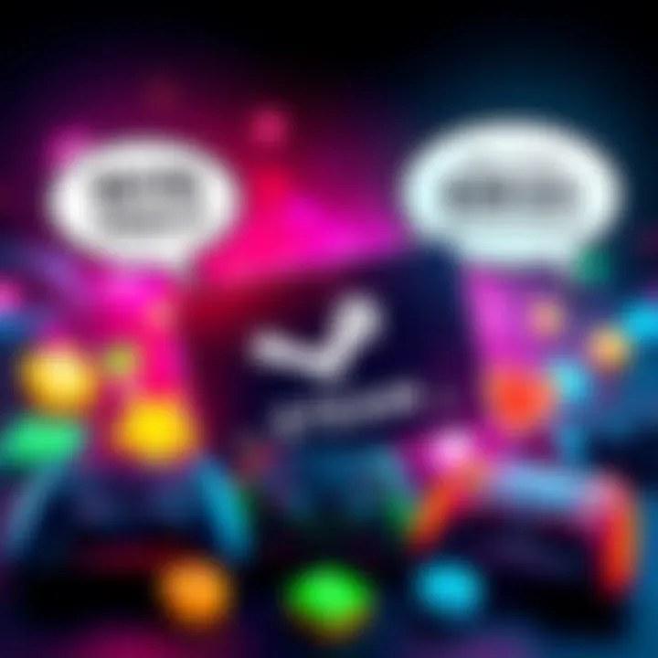 Win a Free Steam Game or Item A colorful graphic showing a Steam gift card with gaming elements like controllers and game icons around it. A text bubble inviting people to comment their choice to win.