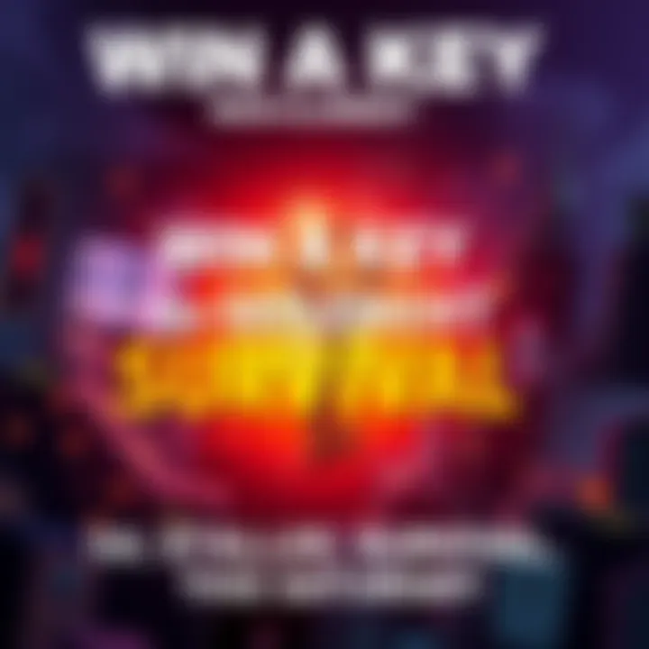 Colorful graphic announcing a contest to win a key for Settlement Survival, featuring a comment section to enter.