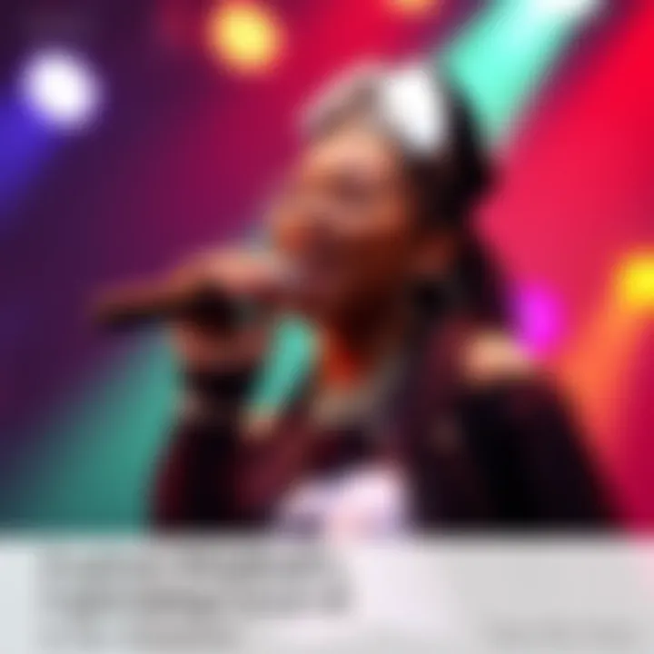 Windindi singing passionately while holding a microphone, with colorful stage lights in the background