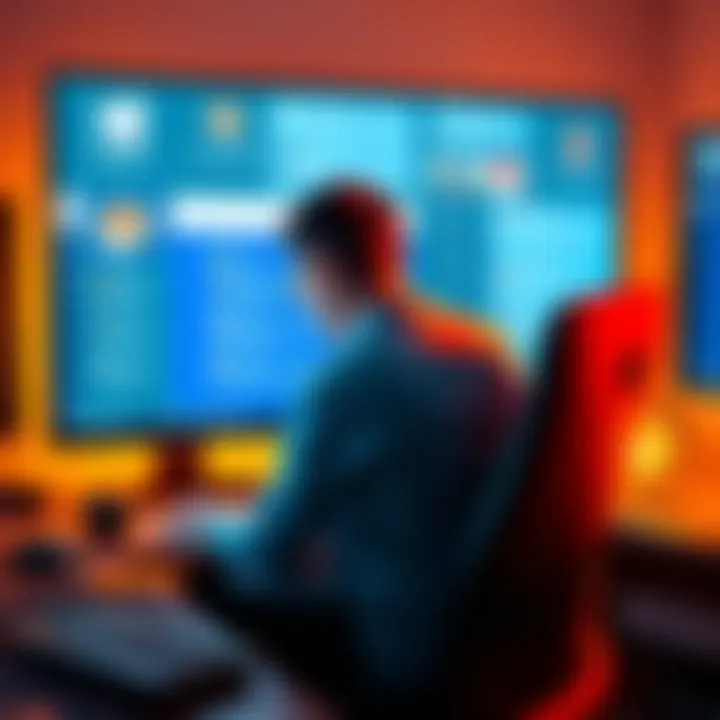 A frustrated person sitting at a computer looking for help with a Windows 11 product key problem, surrounded by online forums on the screen.