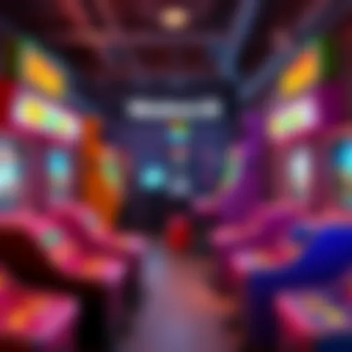 A colorful 3D arcade scene featuring classic Windows 95 game demos with retro graphics and nostalgic elements.