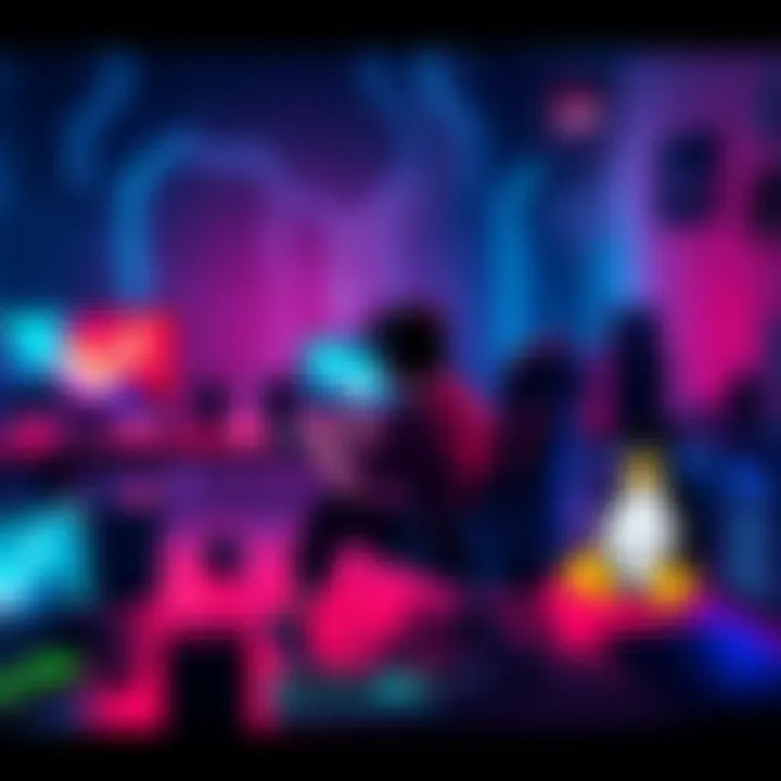 A gamer sitting at a desk, weighing options between Windows and Linux with gaming equipment around