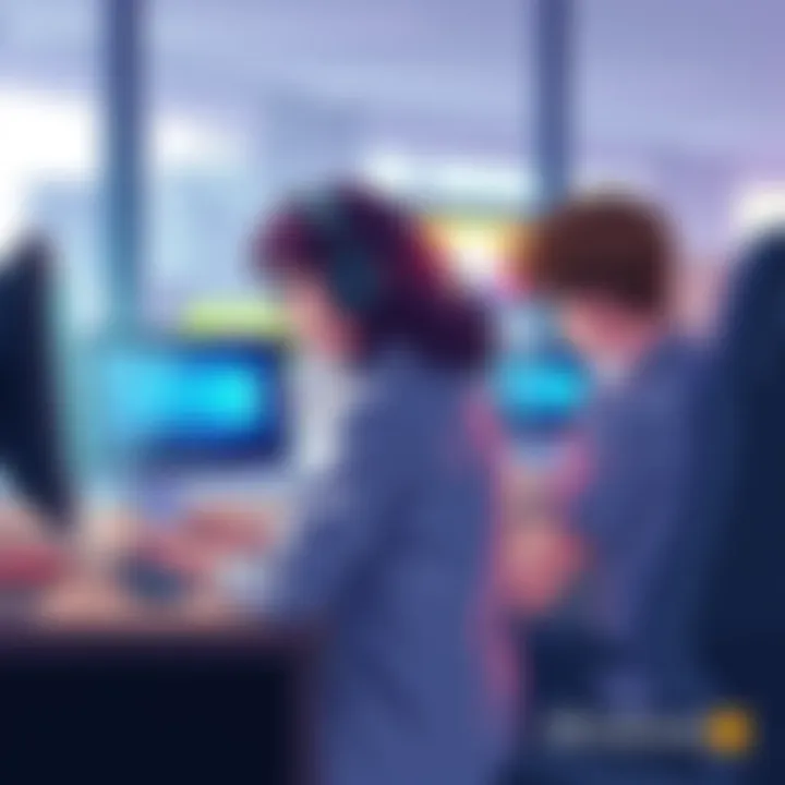 Illustration showing two different groups of Windows users at their computers, one group focuses on productivity while the other enjoys gaming.