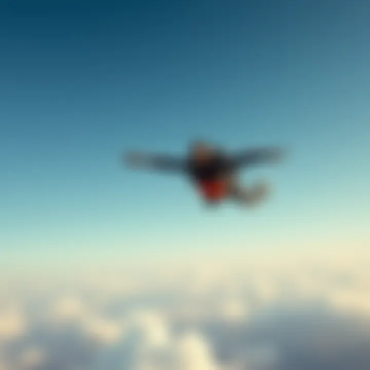 A wing-suiter soaring gracefully through the blue sky, enjoying the thrill of flying with arms and legs spread wide, surrounded by clouds.