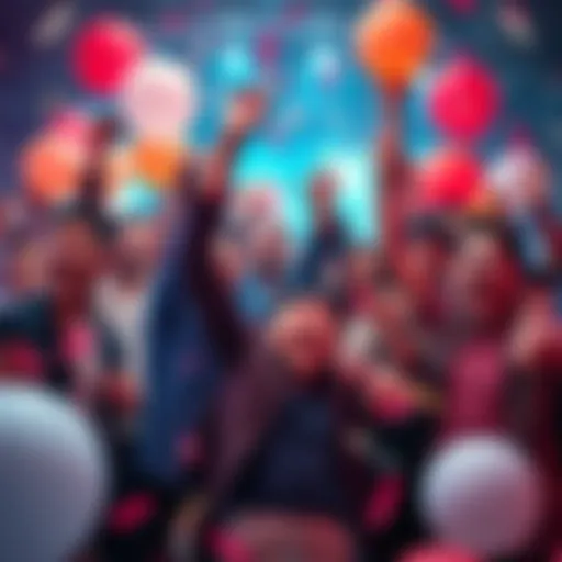 A group of excited people celebrating the winner of Draw #110, with balloons and confetti.