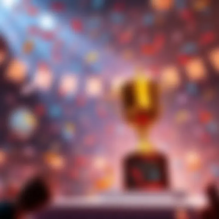 A celebration scene with confetti and a trophy representing the announcement of the Eiyuden Chronicle contest winner