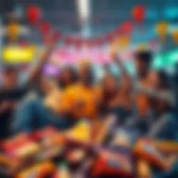 Adept_Tangerine_4030 celebrating their win in the King of Retail contest with friends, surrounded by snack foods