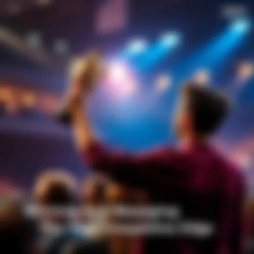 A triumphant competitor raises a trophy while giving a speech, highlighting the importance of winning and effective communication.