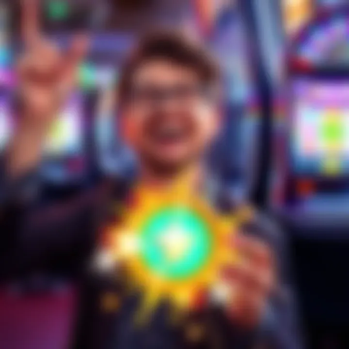 A joyful player celebrating their first legendary win at a slot machine, holding a shiny item called Deliverance in their hand.