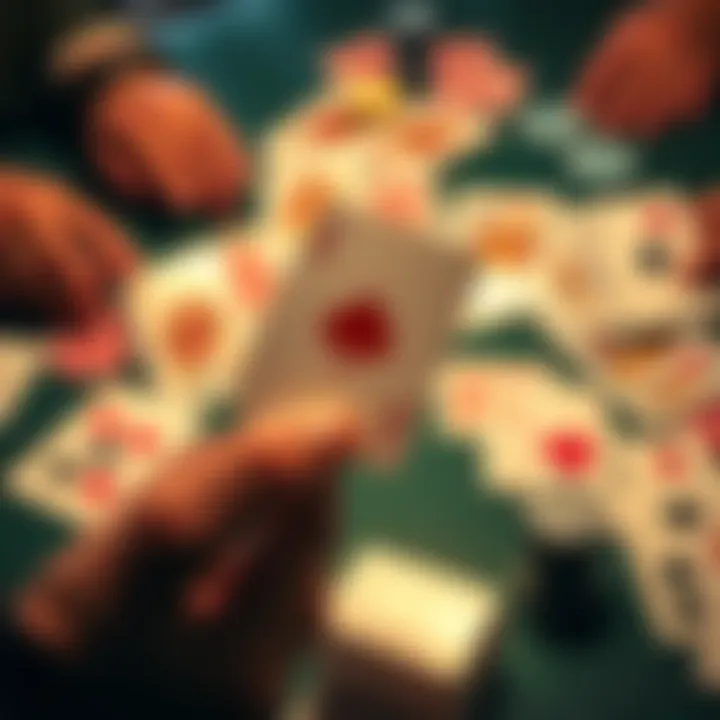 Winning with One Card A hand holding a single playing card, surrounded by various cards on a table, symbolizing strategy in a card game.