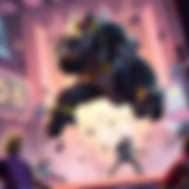 A digital illustration of Winston, the gorilla character in Overwatch 2, using his jump ability during a team fight in a competitive match.