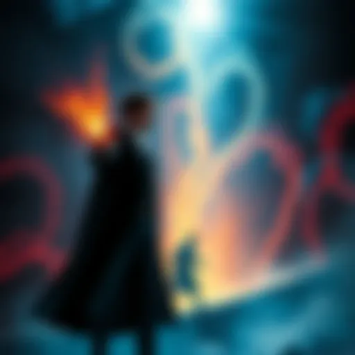 Winston stands confidently, casting a spell that opens a portal to the shadow realm, with swirling dark colors and a figure being pulled in.