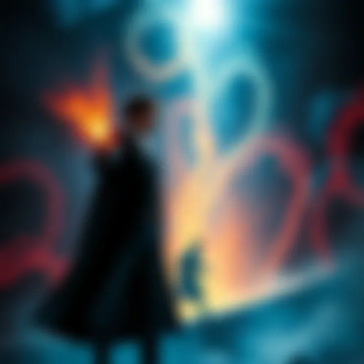 Winston stands confidently, casting a spell that opens a portal to the shadow realm, with swirling dark colors and a figure being pulled in.